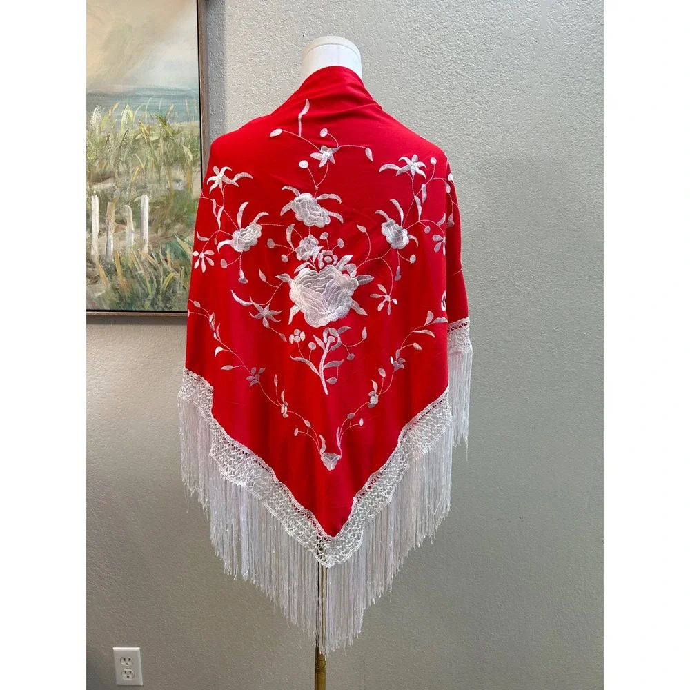 Vintage Red Embroidered Fringe Piano Shawl Mantón Floral Statement Wrap